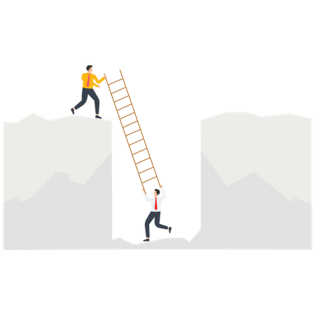 Businessman holding a ladder to rescue a companion falling into the bottom of a cliff  Illustration