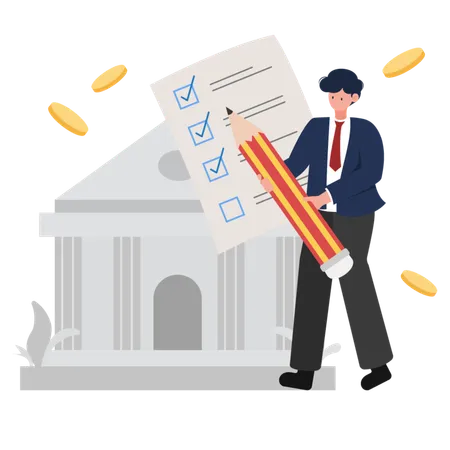 Businessman holding a large pencil and checklist in front of a bank  Illustration