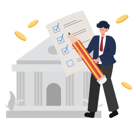 Businessman holding a large pencil and checklist in front of a bank  Illustration