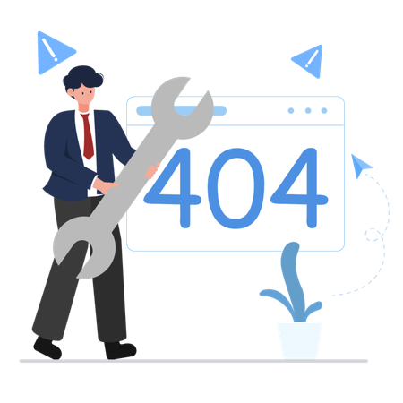 Businessman holding a large wrench in front of a 404 error page  Illustration