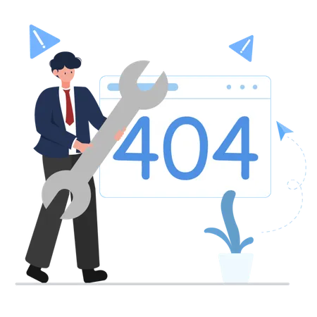 Businessman holding a large wrench in front of a 404 error page  イラスト