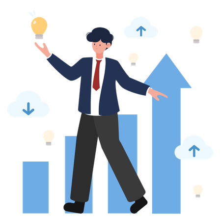 Businessman holding a light bulb and pointing to a graph  イラスト