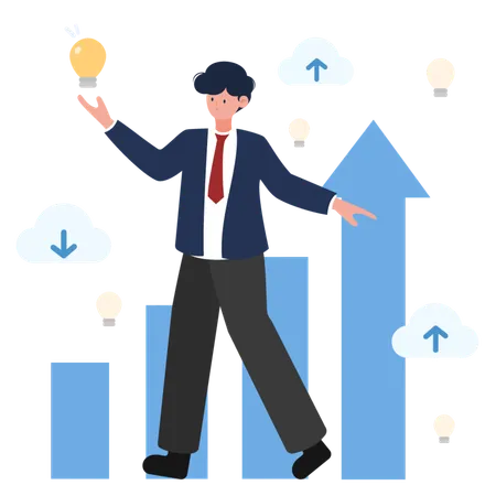 Businessman holding a light bulb and pointing to a graph  イラスト