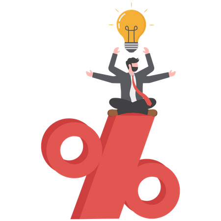 Businessman holding a light bulb standing on top of percentage sign  Illustration