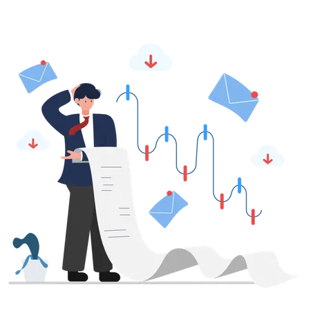 Vector Illustration Of A Businessman Holding A Long Document Looking Stressed With Falling Graphs And Envelopes Symbolizing Financial Crisis Ideal For Economic Downturns Financial Stress Illustration