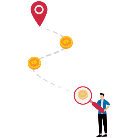 Businessman holding a magnifying glass looking for the trail of money gold coins  Illustration