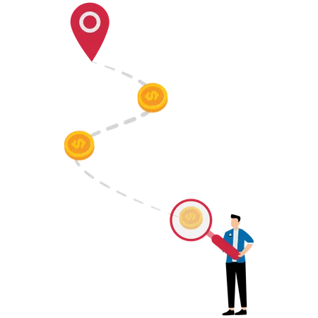 Businessman holding a magnifying glass looking for the trail of money gold coins  Illustration