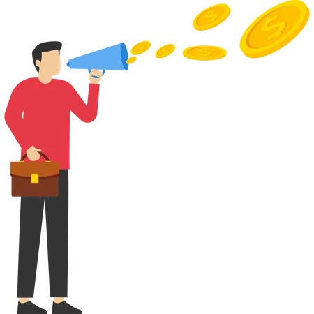 Advertising Concept Spending Capital To Do Advertising Businessman Holding A Megaphone And Shouting And Gold Coins Flying Out Of Megaphone Flat Design Illustration Illustration