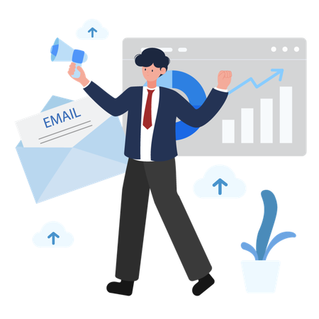 Businessman holding a megaphone and celebrating email marketing success with charts and emails  Illustration