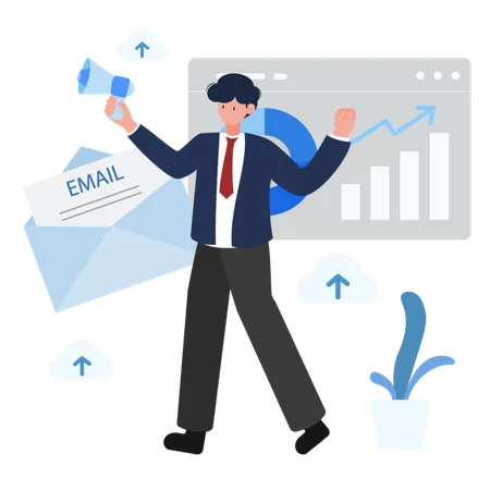 Vector Illustration Of A Businessman Holding A Megaphone And Celebrating Email Marketing Success With Charts And Emails Ideal For Digital Marketing Email Campaigns And Business Growth Visuals Illustration