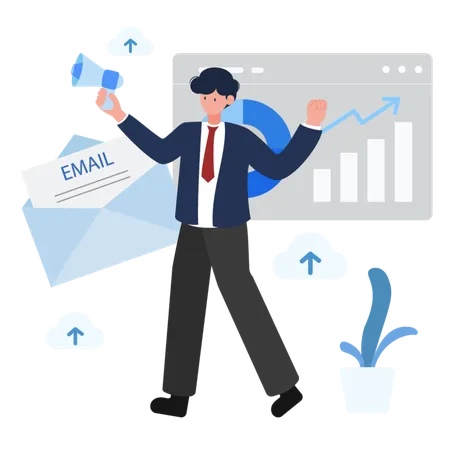 Businessman holding a megaphone and celebrating email marketing success with charts and emails  Illustration