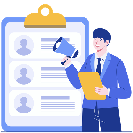 Businessman holding a megaphone and clipboards  Illustration