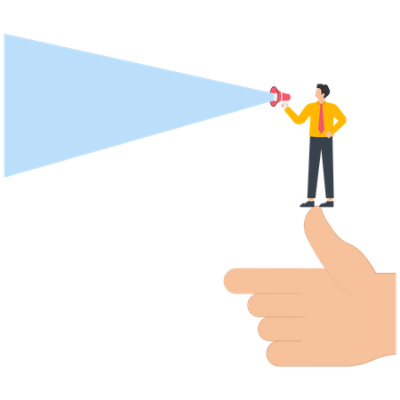 Businessman holding a megaphone standing on a huge thumb  イラスト