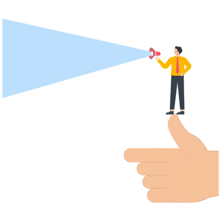 Businessman holding a megaphone standing on a huge thumb  イラスト