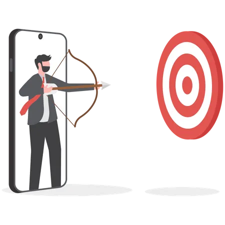 Marketing Goals Businessman Holding A Mobile Phone As A Pistol Aimed At The Target Illustration