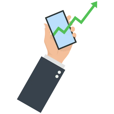 Businessman holding a mobile phone with an increase market graph  Illustration