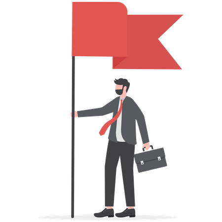 Businessman holding a red flag and showing thumbs up gesture  Illustration