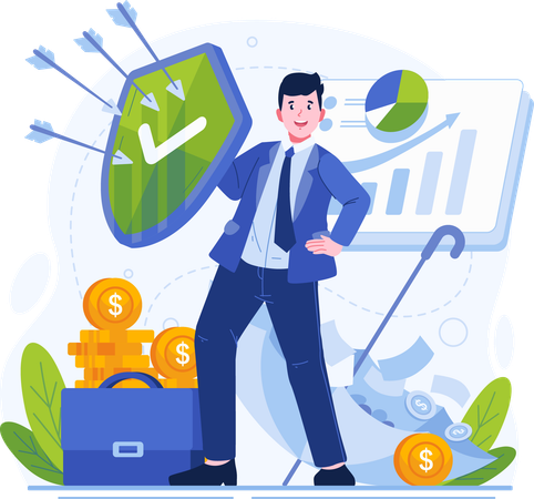 Businessman Holding a Shield to Protect His Business and Investments With Insurance  イラスト