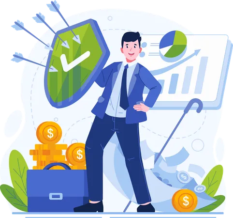Businessman Holding a Shield to Protect His Business and Investments With Insurance  Illustration