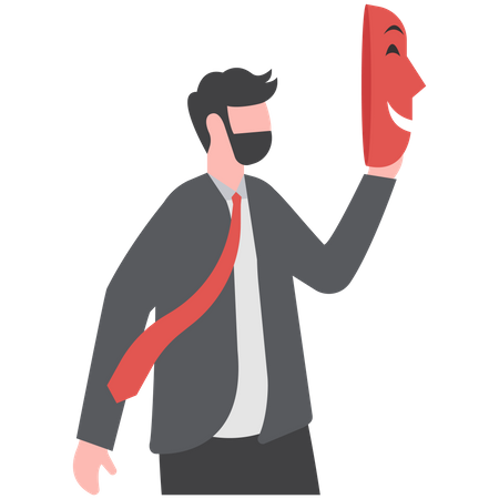 Businessman holding a smiling mask  Illustration