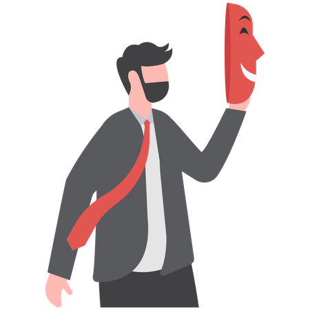 Businessman holding a smiling mask  Illustration