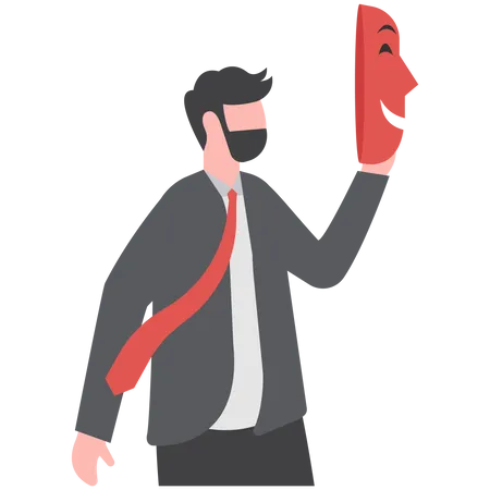 Businessman holding a smiling mask  Illustration