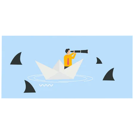 Businessman holding a telescope on a paper boat with a shark in the sea  Illustration