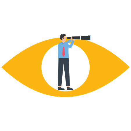 Businessman holding a telescope standing inside the eyes looking into the distance  Illustration