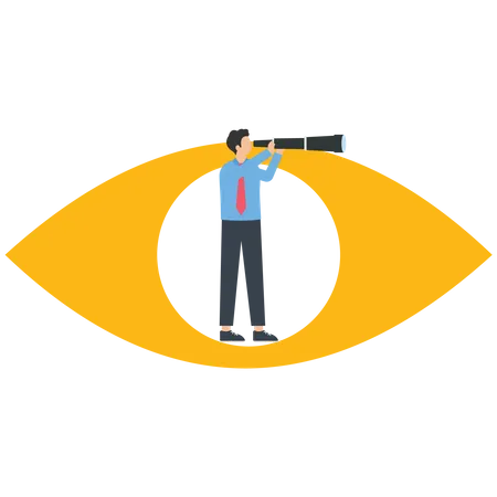 Businessman holding a telescope standing inside the eyes looking into the distance  Illustration