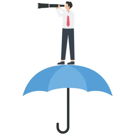 Businessman holding a telescope standing on an umbrella  Illustration