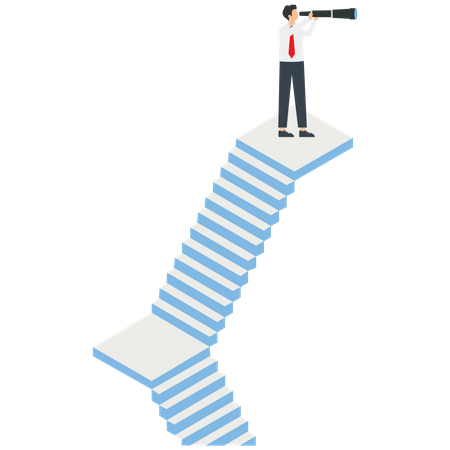 Businessman holding a telescope standing on the top of the stairs looking into the distance  Illustration