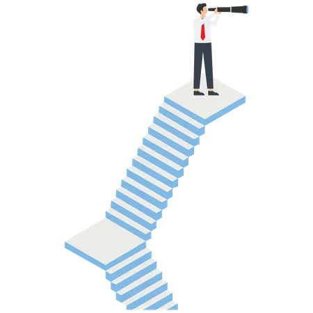 Businessman holding a telescope standing on the top of the stairs looking into the distance  Illustration