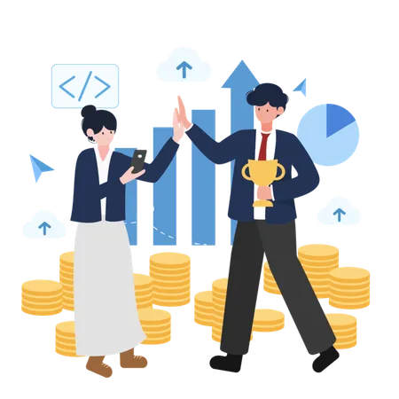 Vector Illustration Of A Businessman Holding A Trophy And High Fiving A Businesswoman Surrounded By Coins And Growth Charts Ideal For Business And Achievement Visuals Illustration