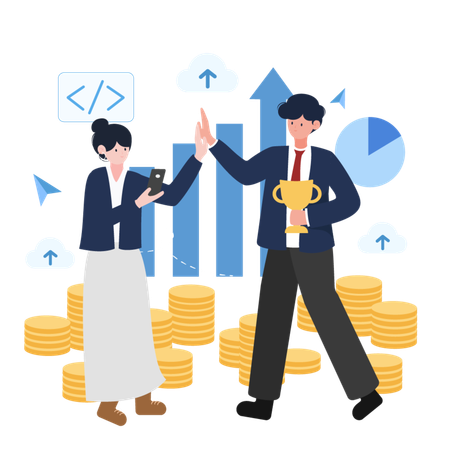 Businessman holding a trophy and high-fiving a businesswoman  Illustration