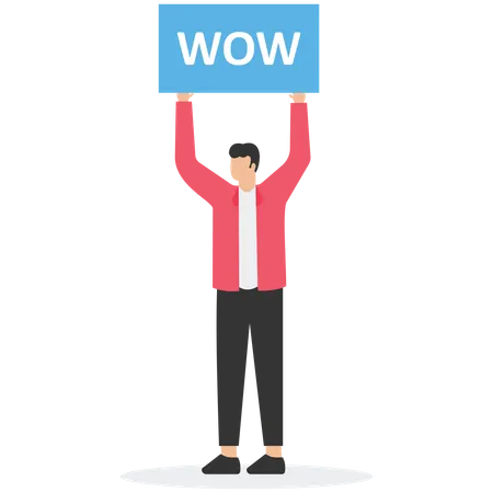 Businessman holding a wow promotion sign  イラスト