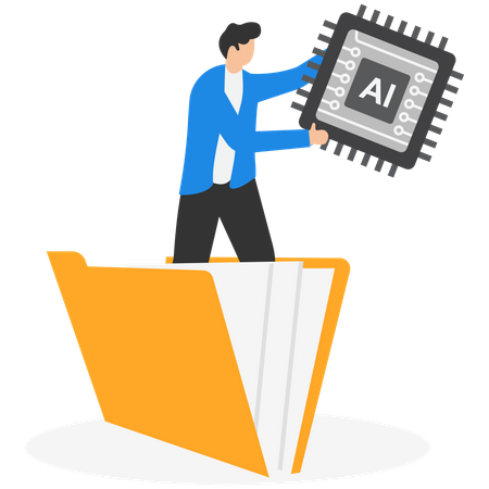 Businessman holding AI processing chip on open folder  Illustration