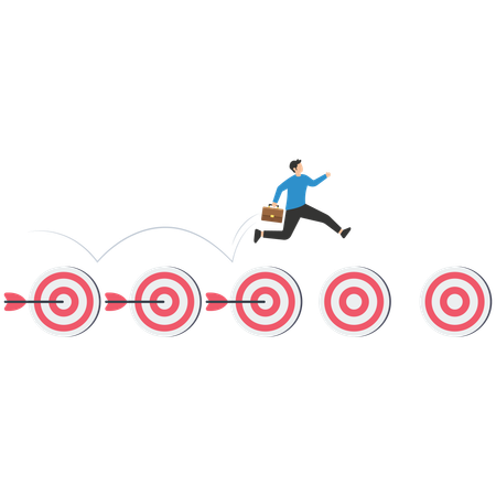 Businessman holding arrow and bow jump on achieved targets  Illustration