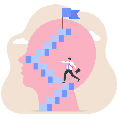 Businessman holding arrow walk up stairs to vision  Illustration