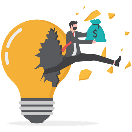 Businessman holding bag of money and jumping out of broken light bulb  Illustration
