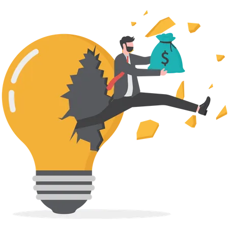 Businessman holding bag of money and jumping out of broken light bulb  Illustration