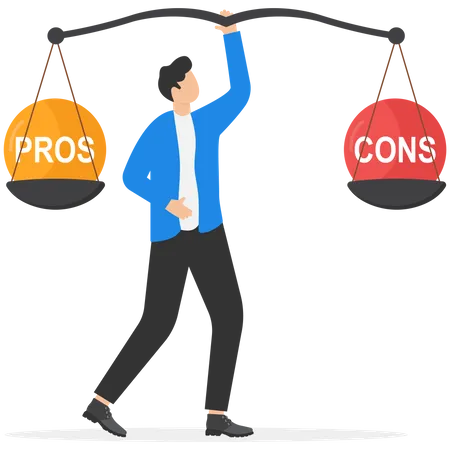 Businessman holding balance pros and cons on it  Illustration