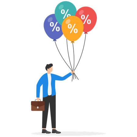 Businessman holding balloon of Interest rate hike due to global inflation percentage rising up  Illustration