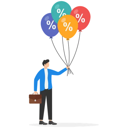 Businessman holding balloon of Interest rate hike due to global inflation percentage rising up  Illustration