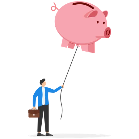 Businessman holding balloon pink piggy bank  Illustration