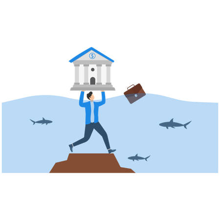 Businessman holding bank building while getting bank crisis  Illustration