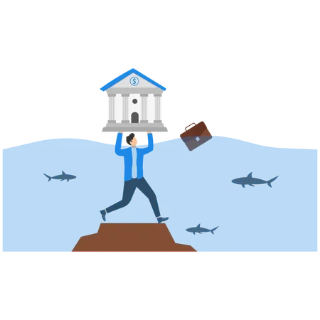 Businessman holding bank building while getting bank crisis  Illustration