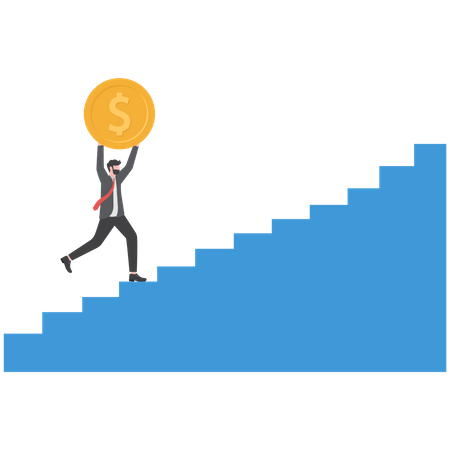 Businessman holding big coin walking up the stairs  Illustration