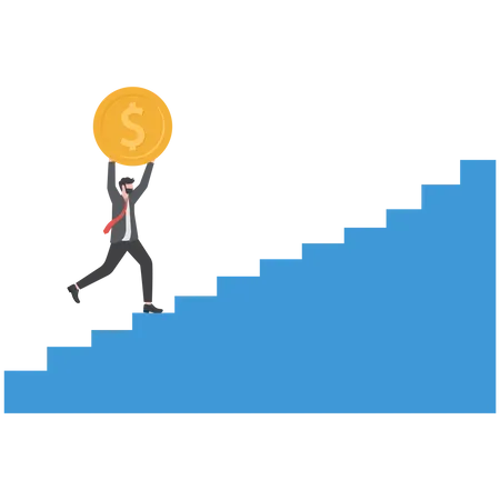 Solution And Success Concept Businessman Holding A Big Coin Walking Up The Stairs Illustration