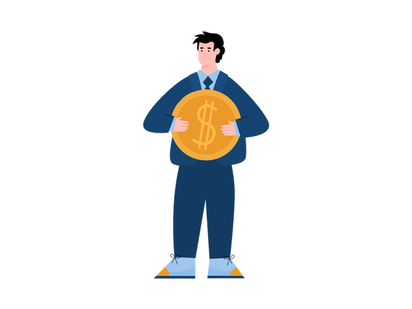 Businessman holding big golden coin with dollar sign  Illustration