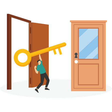 Businessman Holding Big Key Between An Open Door And A Closed  Illustration